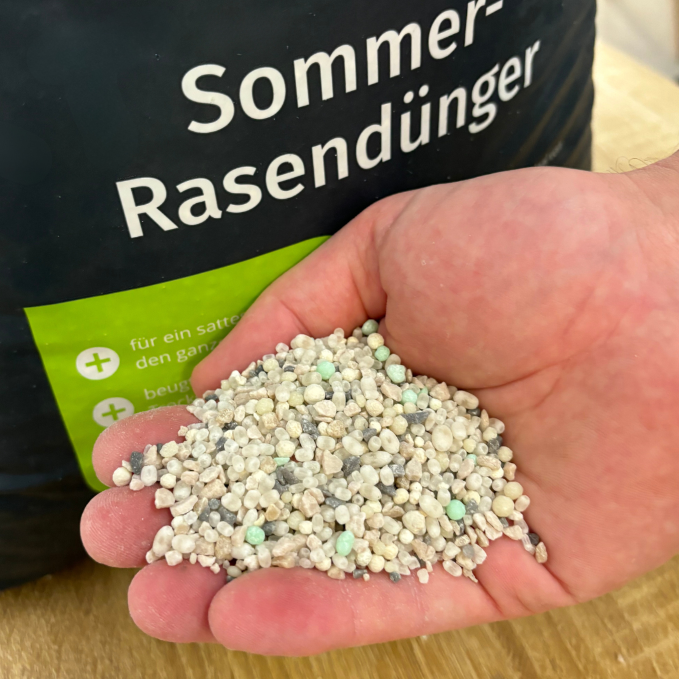 Hand hält Düngergranulat vor der Verpackung des Sommer-Rasendüngers