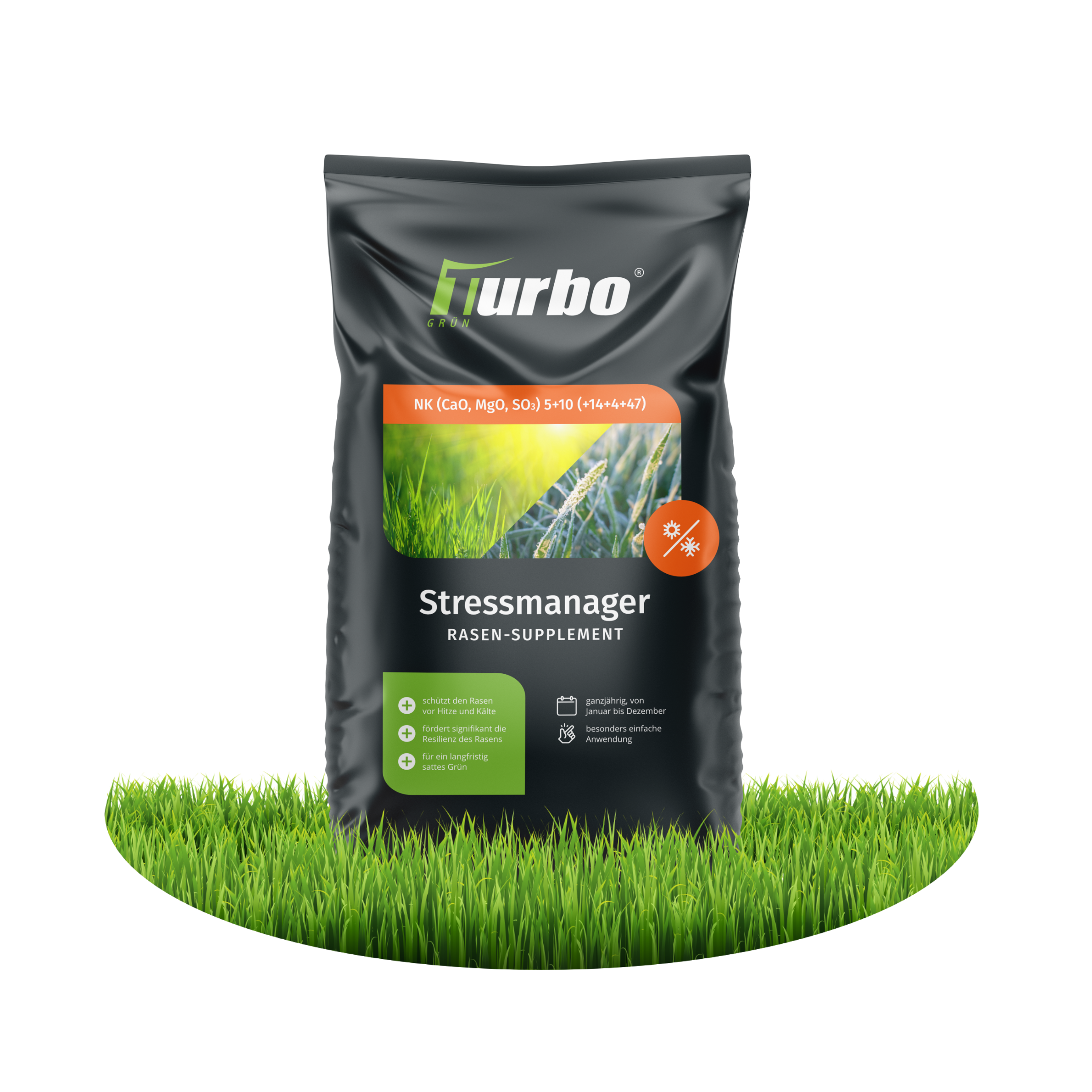 turbogrün Stressmanager Rasen-Supplement, Verpackung NK CaO MgO SO3 5+10 (+14+4+47) auf Gras