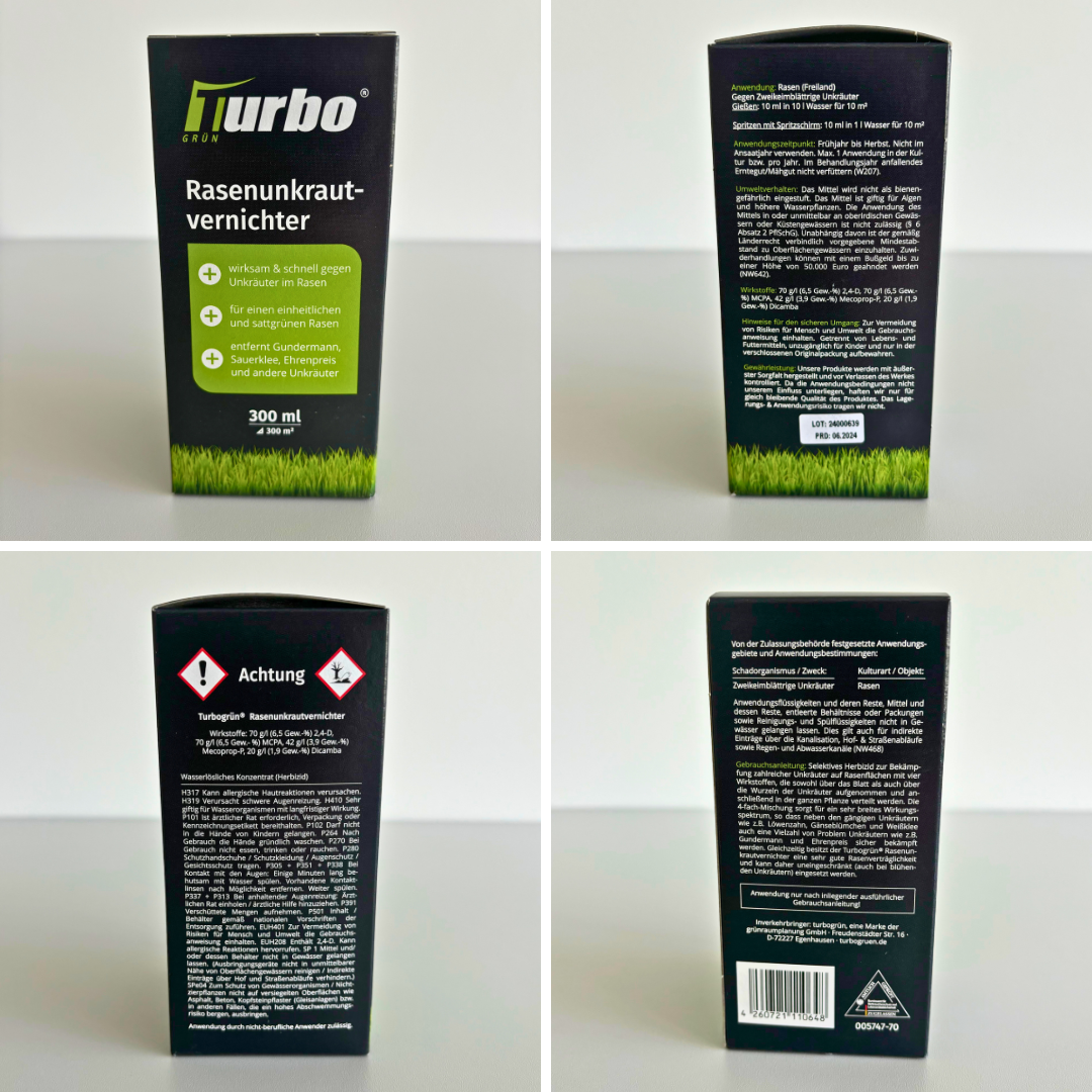 Verpackung turbogrün Rasenunkrautvernichter, Rückseite mit Anwendungshinweisen, 300 ml
